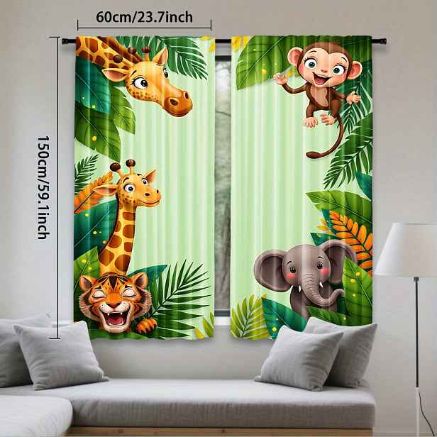 TEMU 2ks Závěsy - Vibrantní tropické a zvířecí design, světlo filtrující polyester, tyčová pro snadnou instalaci, ideální pro ložnici, obývací pokoj