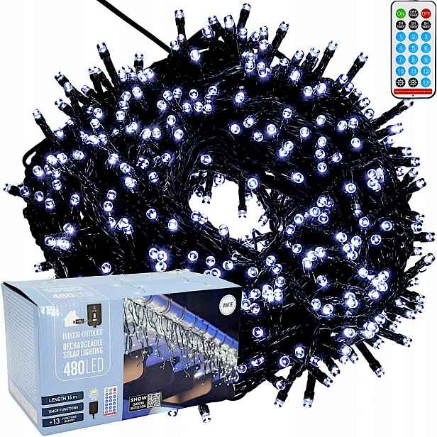 Vánoční osvětlení Světelný řetěz 16 m Studené 480 Led Solární Usb časovač