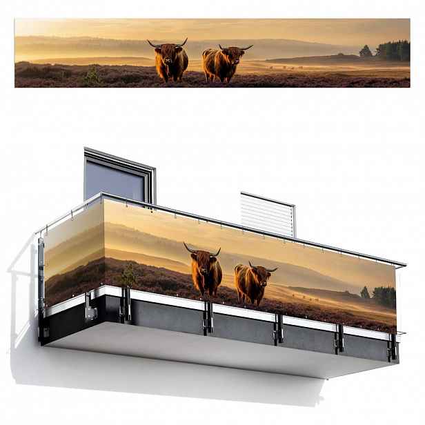MuchoWow BALKONOVÁ ZÁSTĚNA Skotští horalé - Vřesoviště - Krajina - Zvířata 500x90 cm