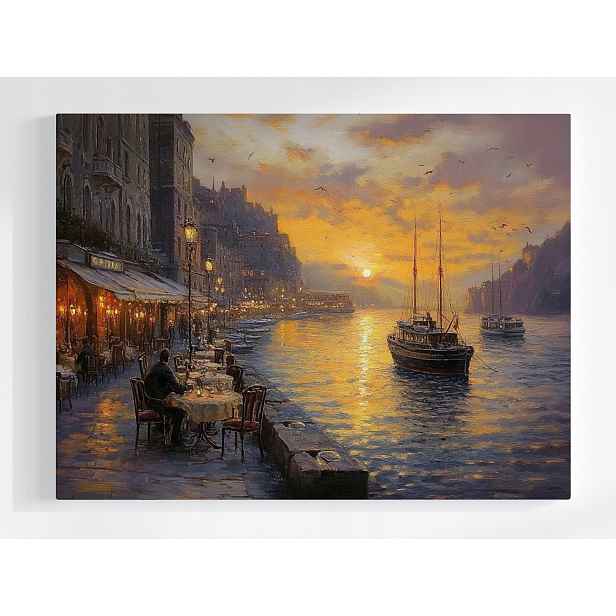 Plakát Město Promenáda Kanál Voda Lodě Kavárna 100x75