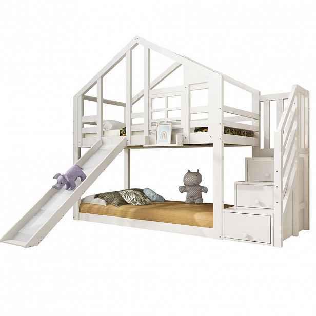 STILVORA ETAGENBETT 90/200 cm in Weiß mit Rutsche und Treppenschrank im Baumhaus-Design