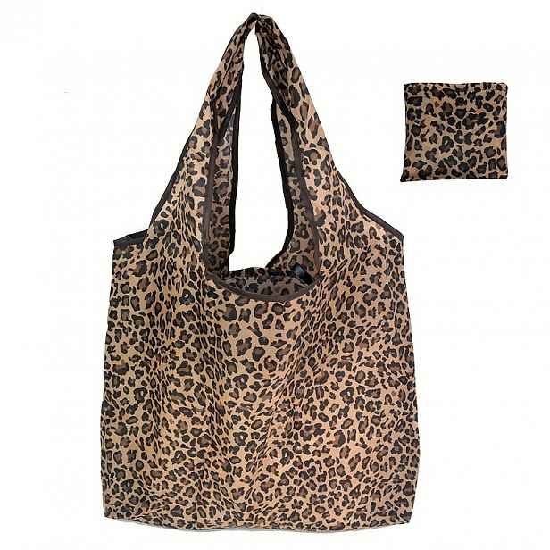 TEMU 1 ks Dámská velkokapacitní taška Tote s leopardím potiskem - Prostorná nákupní odolná polyesterová kabelka, hnědá, skládací každodenní použití,