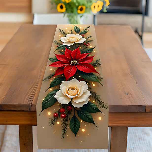 TEMU 1 ks Elegantní bílá růže borovice běhoun na stůl 2D plochý tisk slavnostní dekorace červená poinsettie zelené listoví odolná látka Vánoce Den