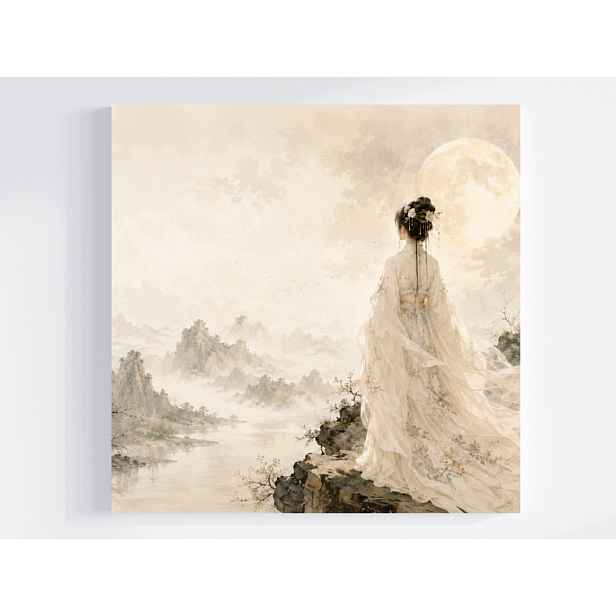 Obraz Na Plátně Canvas Inkoust Hory Noc Měsíc Žena Hanfu Japandi 50x50