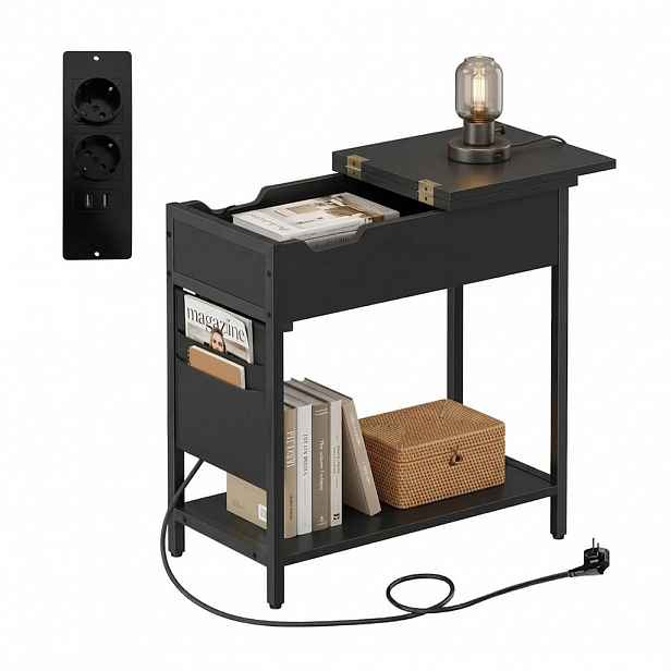 Relaxdays ODKLÁDACÍ STOLEK Černý se zásuvkou USB MDF kov 60x60x31,5 cm