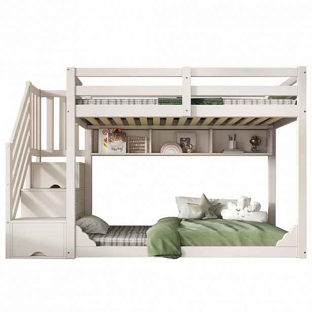 STILVORA ETAGENBETT 90/200 cm & 90/200 cm in Weiß Kinderbett mit Treppenschrank, 2 Schubladen und Regalen