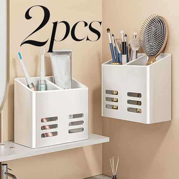 TEMU 2ks Nástěnný Organizér do Koupelny bez Vrtání: Multifunkční Lepicí Úložný Box na Zubní Pastu, Hřebeny a Štětce na Make-up. Úsporný Organizér na