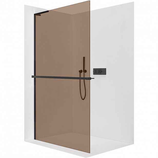 Sprchová zástěna Walk-in Onyx L-levá vzpěra - 8 mm + polička/držák na ručníky - černá matná, bronzové sklo - 150x200 cm