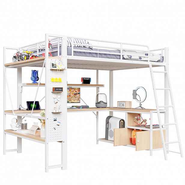 STILVORA HOCHBETT 140/200 cm in Weiß mit Schreibtisch, Regalen, Lochwand, LED und USB
