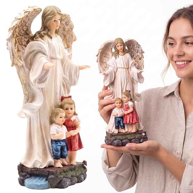 Velká figurka Anděl strážný s dětmi 30 cm Dárek Křest Svaté Přijímání Narození