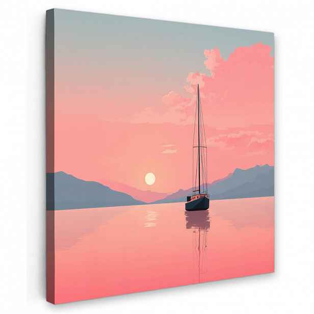 MuchoWow OBRAZ NA PLÁTNĚ Plachetnice - Růžové moře - Západ slunce - Hory 50x50 cm