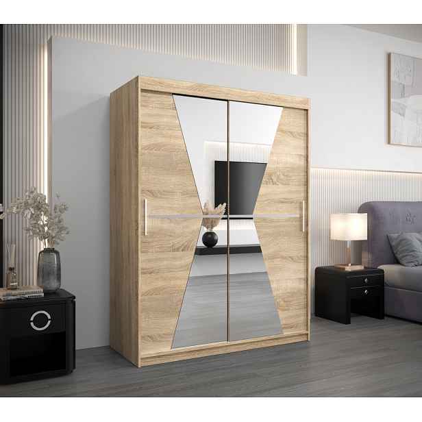 Šatní skříň se zrcadly MILANA - šířka 150 cm, dub sonoma