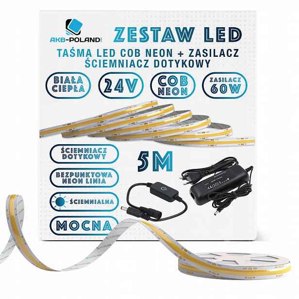 24V Sada Led pásek Cob Neon Teplá 5M Vypínač