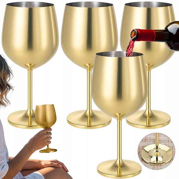 4KS Sklenice Na Víno Ocelová Zlato 500ML Kovová Svatba Ochrana Před Korozí