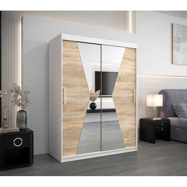 Šatní skříň se zrcadly MILANA - šířka 150 cm, bílá / dub sonoma