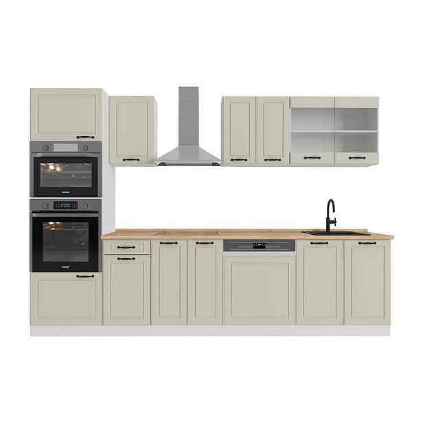 Vicco KUCHYŇSKÝ KOUT R-Line, Písečná venkovský dům/Bílá, 300 cm pracovná doska Dub Goldkraft