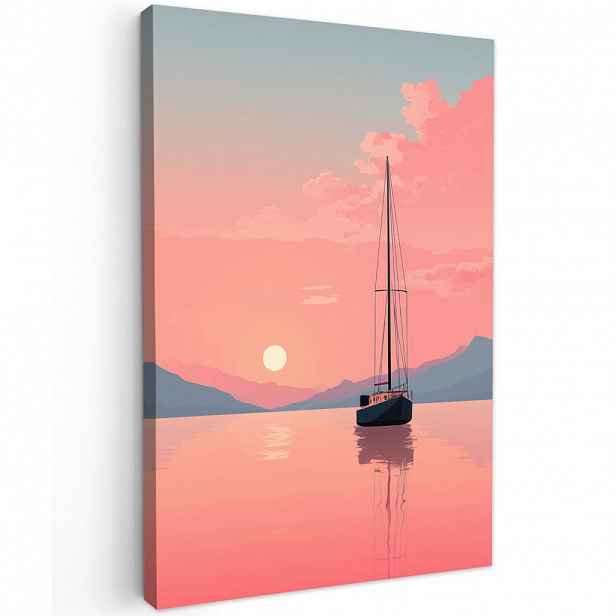 MuchoWow OBRAZ NA PLÁTNĚ Plachetnice - Růžové moře - Západ slunce - Hory 80x120 cm
