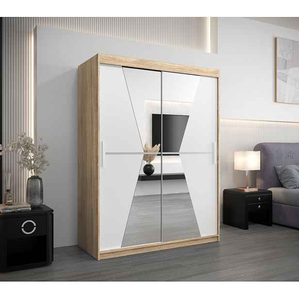 Šatní skříň se zrcadly MILANA - šířka 150 cm, dub sonoma / bílá
