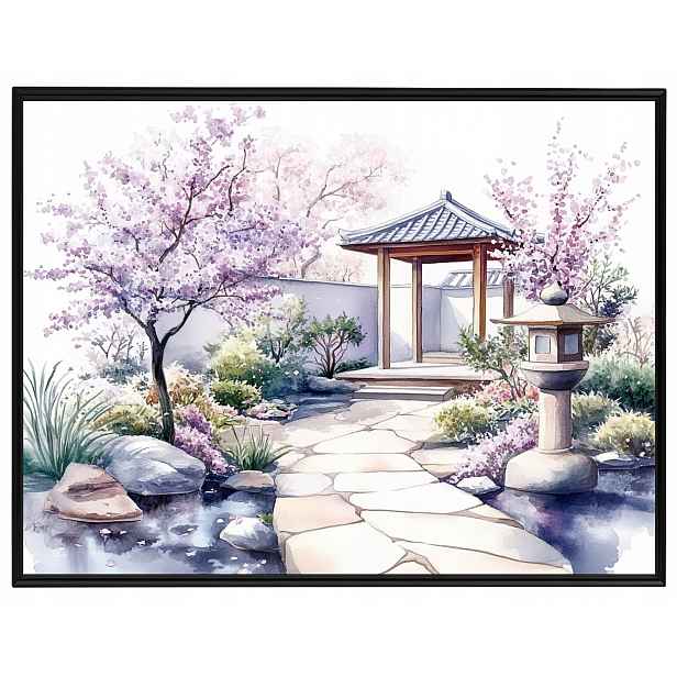 Plakát Rámeček Hliníkový Akvarel Japonsko Zahrada Višeň Sakura Květy 80x60