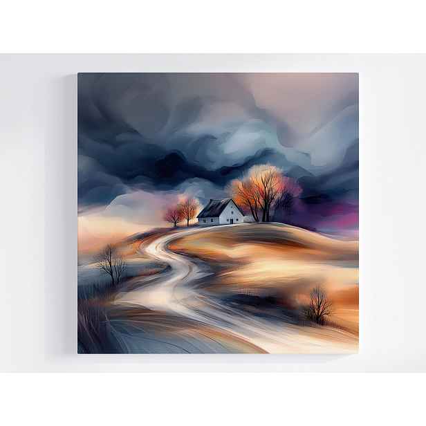 Obraz Na Plátně Canvas Krajina Kopec Vesnice Dům Strom Mraky Bouře 50x50