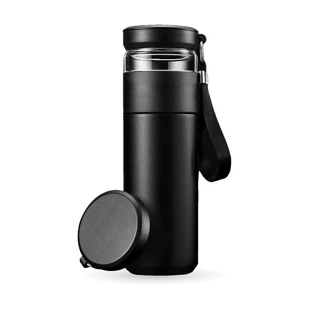 Ocelová termoláhev 500 ml s konvičkou na čaj, černá, rukojeť