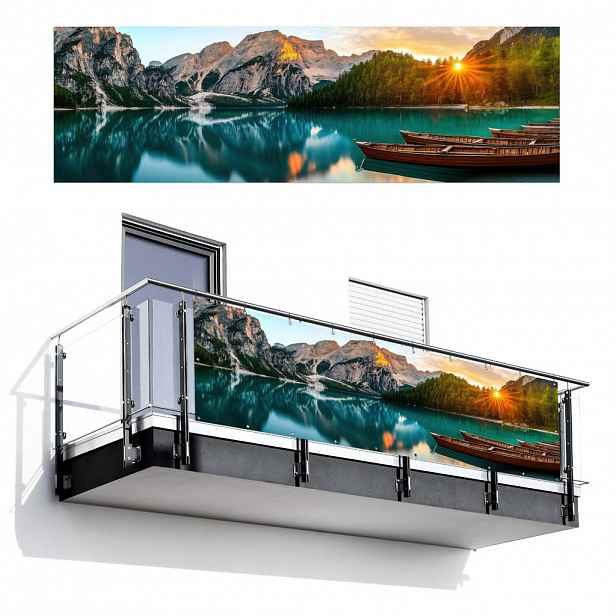 MuchoWow BALKONOVÁ ZÁSTĚNA Jezero - Hory - Západ slunce - Loď 300x90 cm