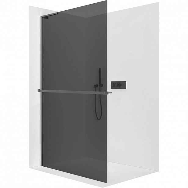 Sprchová zástěna Walk-in Onyx L-levá vzpěra - 8 mm + polička/držák na ručníky - černá matná, grafitové sklo - 130x200 cm