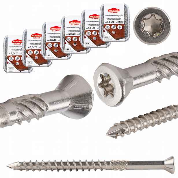 Nerezové vruty do dřeva 5x70 mm 600 ks terasové Torx A2 Klimas Wn