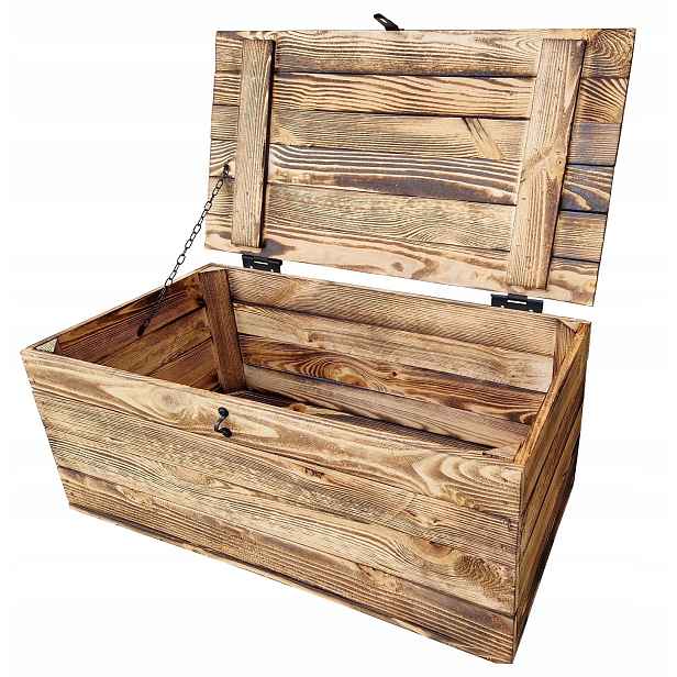 Dřevěná opálená skříň 75x40x32 cm, velký kufr s víkem a zámkem
