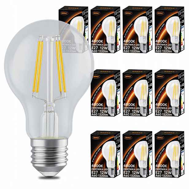Led žárovka E27 A60 12W 100W 1320lm 4000K Neutrální filamentová sada 10x