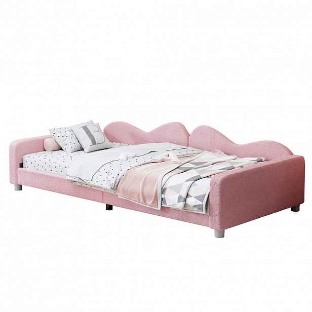 OKWISH DĚTSKÁ postel 214,5/95/42 cm růžová z MDF, sametu a kovu s opěrkou zad a bočnicemi