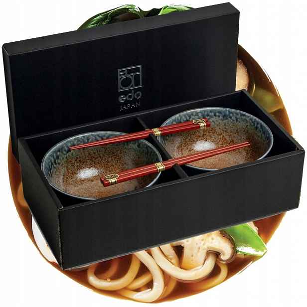 Sada keramiky hnědomodrých misek 17 cm na polévku Udon s paličkami Ki