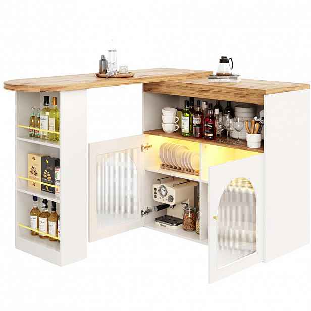 OKWISH BAROVÝ stůl 138-193/39/105 cm bílý z MDF s LED osvětlením a otočným rozšířením