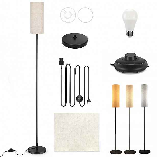 Stojací Lampa Podlahová Lampa S Žárovkou E27 Noční Lampa Lněné Stínidlo