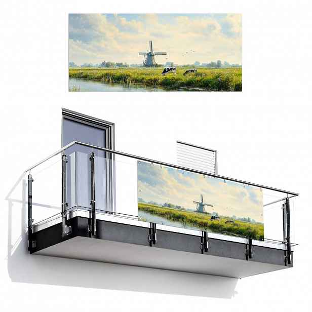 MuchoWow BALKONOVÁ ZÁSTĚNA Krávy - větrný mlýn - louka - modrá 200x90 cm