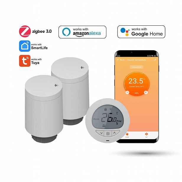 Sada se dvěma termostatickými hlavicemi a termostatem Zigbee Tuya