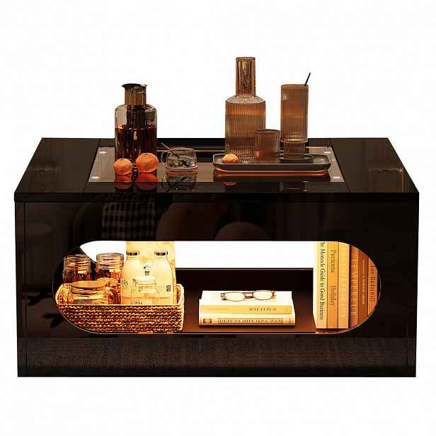 OKWISH KONFERENČNÍ stolek 70/70/35 cm černý z MDF se skleněnou deskou a LED osvětlením