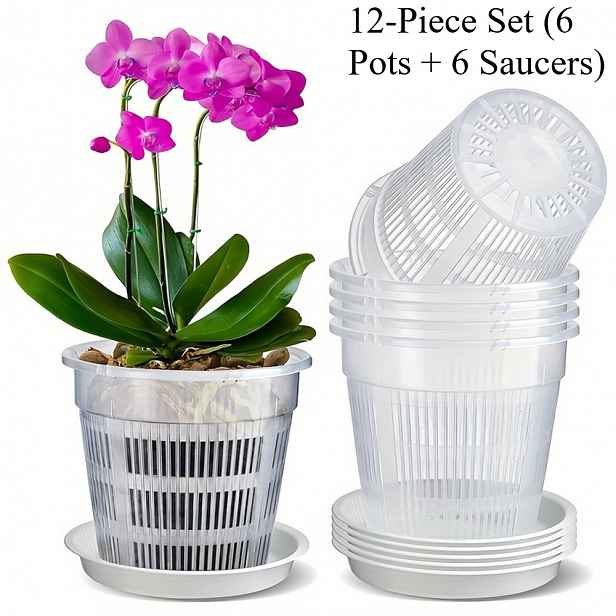 TEMU Sada 12 ks (6 květináčů a 6 podnosů) - Velké, transparentní květináče pro orchideje - Odolný plastový materiál, žebrovaný design, kulatý tvar,