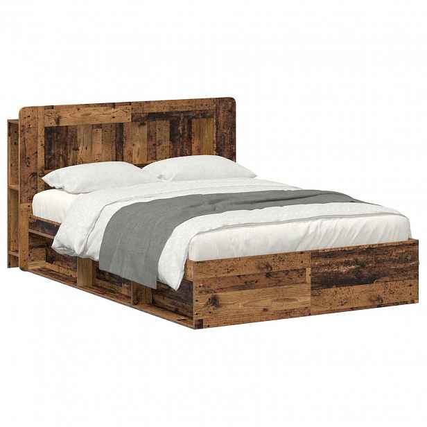 vidaXL Rám postele s úložným prostorem s čelo Staré dřevo 135 x 190 cm