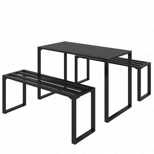 OKWISH ZAHRADNÍ sedací souprava 110/55/70 cm černá z kovu s stolem a 2 lavicemi