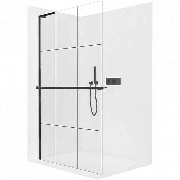 Sprchová zástěna Walk-in Onyx L-levá vzpěra - 8 mm + polička/držák na ručníky - černá matná, industriální sklo - 120x200 cm