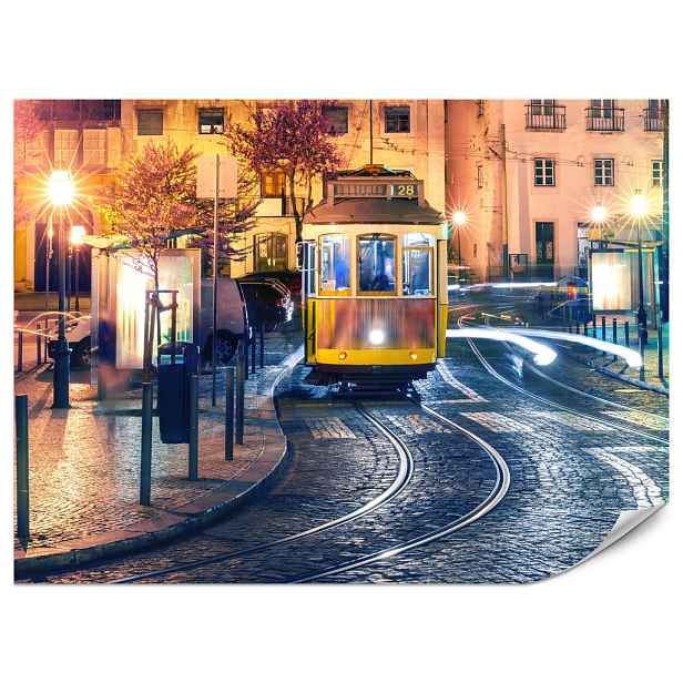 Muralo FOTOTAPETA do Obývacího Pokoje Lisabon Tramvaj v Noci Staré Město 100x70