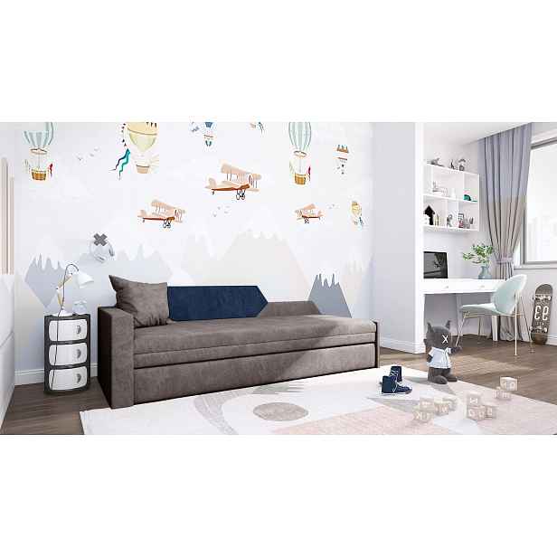 Rozkládací pohovka s úložným prostorem BUFFY - šedá / tmavě modrá, levá opěrka