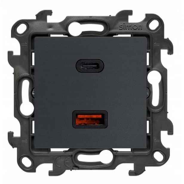 Simon 24 Dvojitá Usb nabíječka Typ C+a Podomítkový modul 30W Černá Matná