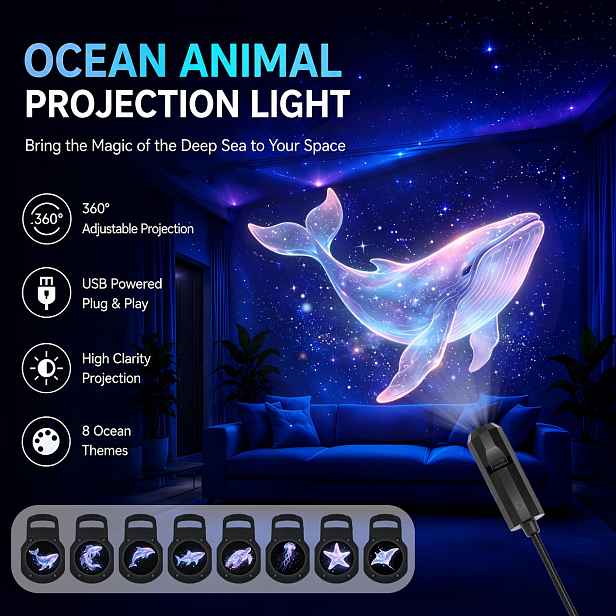 TEMU USB projektor s oceánským , projekce hvězdic a medúz, vhodný jako noční lampička k posteli, světlo stropního ventilátoru dekorace do místnosti,