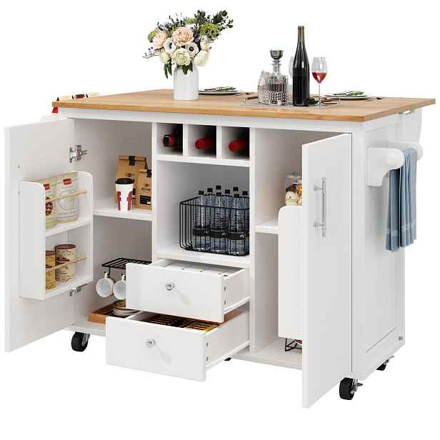 Modenvie KUCHYŇSKÝ ostrůvek z MDF a kovu, 137,9/73/92 cm bílý, se sklopnou deskou a kolečky