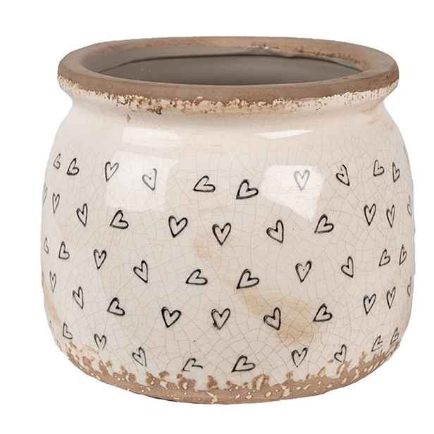 Béžový keramický obal na květináč se srdíčky Hearti M antik - Ø 16*13 cm Clayre & Eef
