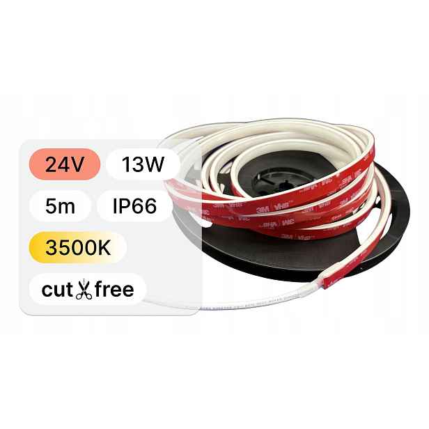 Led pásek 24V 5mb Cob freecut 13W IP66 3500K řezání kdekoliv