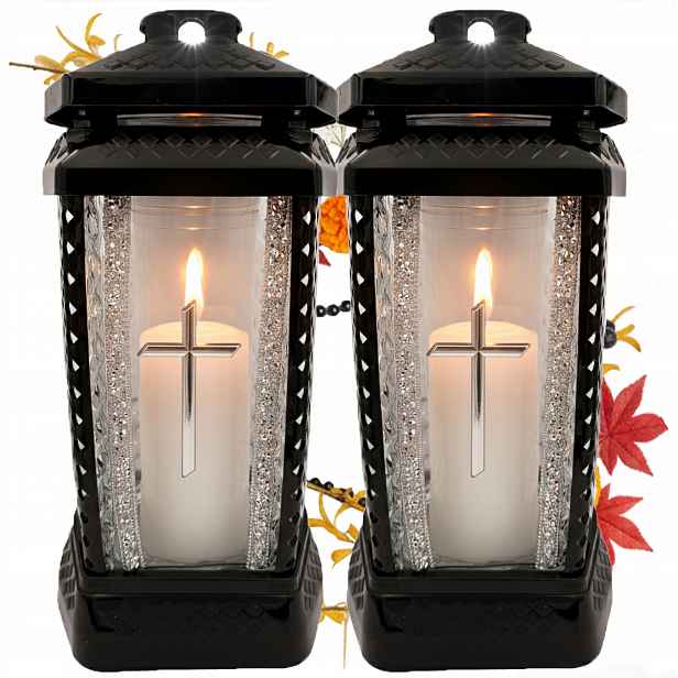 2x Hřbitovní Svíčka Velký Skleněný Ozdobný Na Hrob Hřbitov Dekorativní Lampion Stříbrný