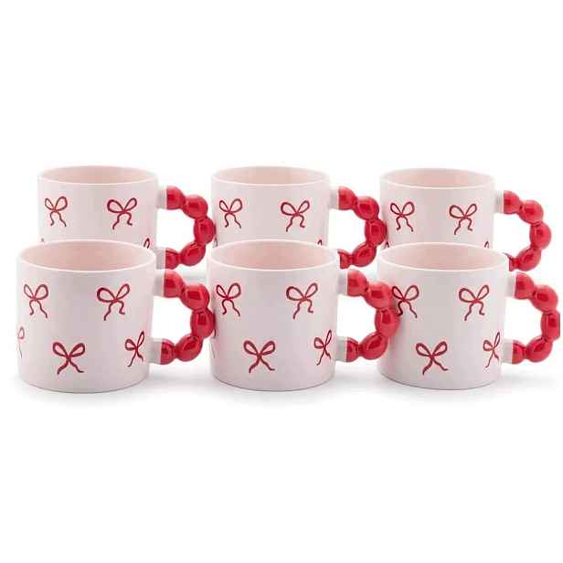 Porcelánové kelímky na kávu 6 ks Růžové s červenými mašličkami 360 ml Sada